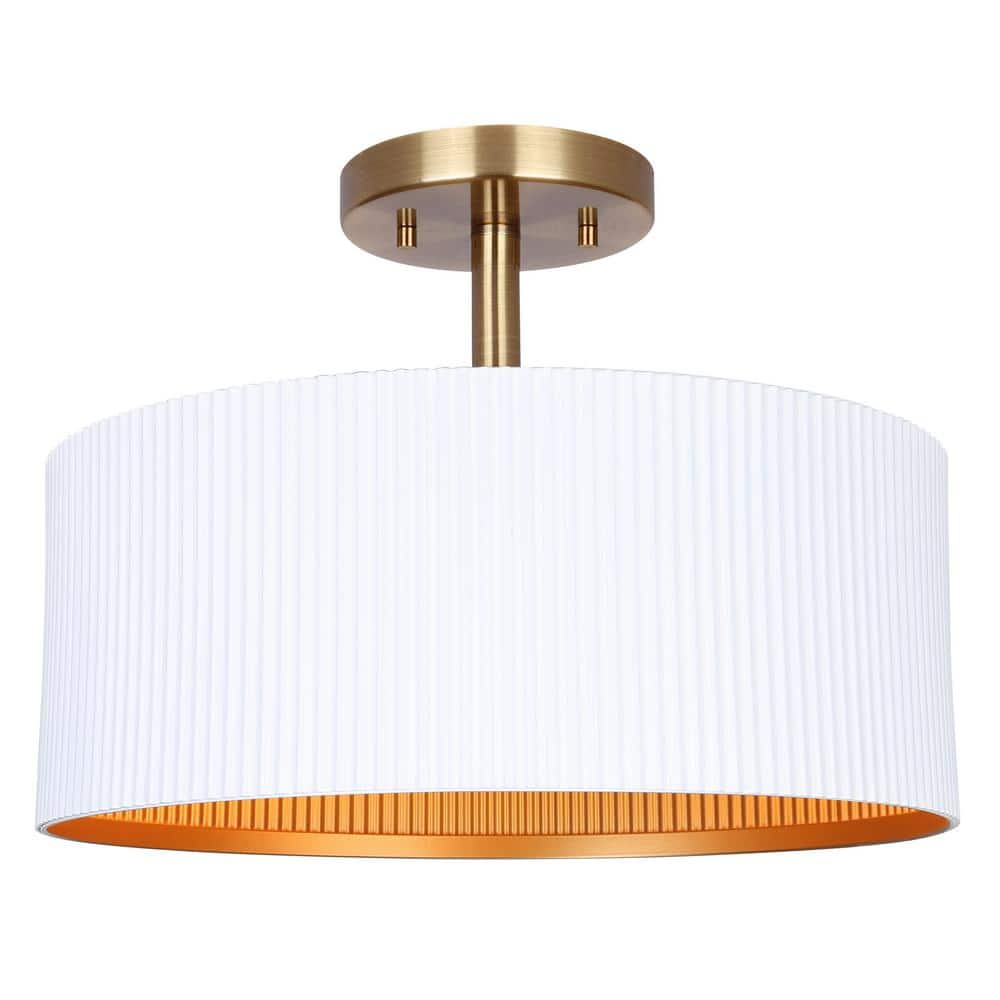 REXTON 13 in. 2-Light 60-Watt Contemporary Matte White Semi- Flush Mount with Matte White with Gold Metal Shade