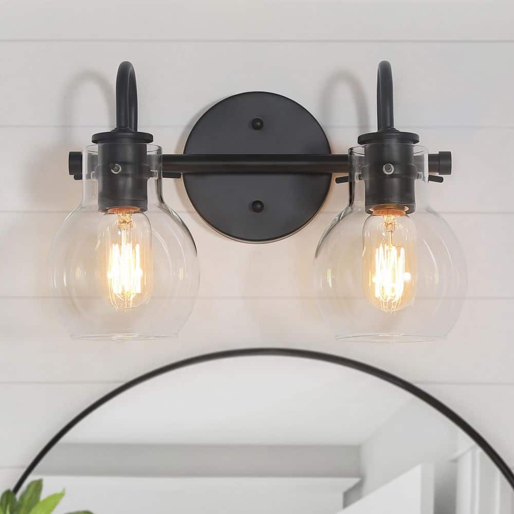 13" Black Metal Vanity Light with Clear Glass Globe Shades