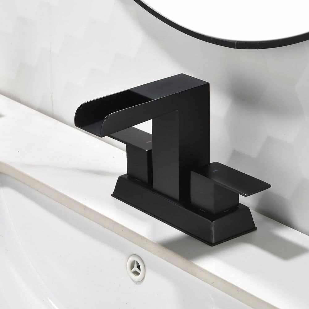 SHACO Black 4 Inch Centerset Bathroom Faucets 3 Hole or 2 Hole, Matte Black 2 Handle Waterfall Vanity Faucet, Lavatory Mixer Tap RV Sink Faucet with Overflow Pop Up Drain and Hose, SC-ZT907B-NEW1