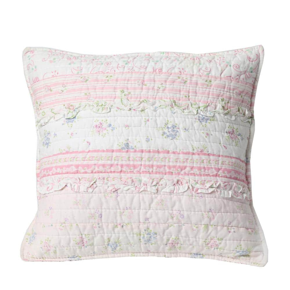 Pink Rose Peonies Ruffle 4-Piece Pink Floral Stripe Cotton Bedding Set with Decor Pillow King Quilt Set