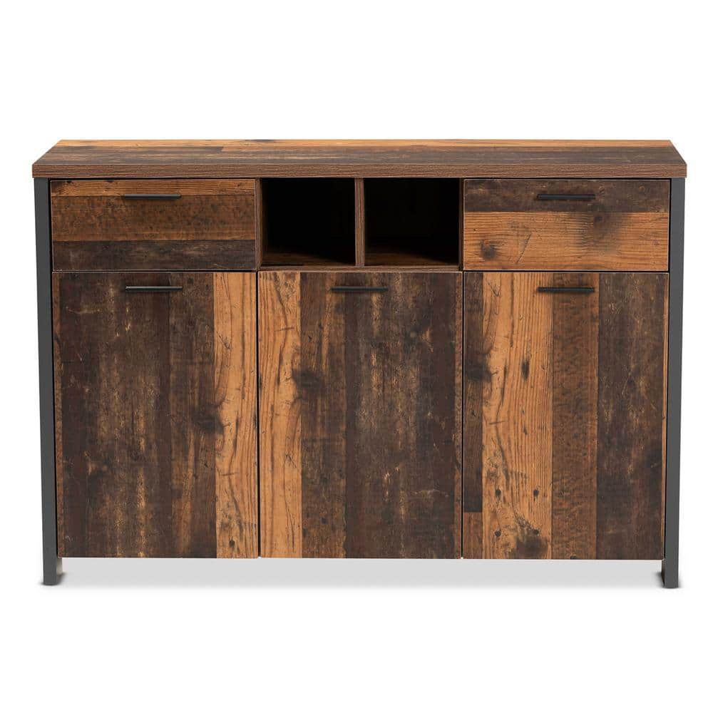 Baxton Studio Ranger Mid-Century Modern Rustic Brown Finished Wood and Grey Metal 2-Door Sideboard Buffet