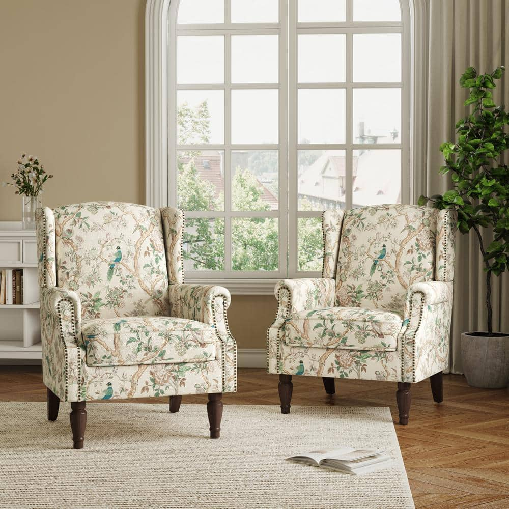 Bird Pattern Linen Upholstered High Back Accent Arm Chair with Nailhead Trim(Set of 2)