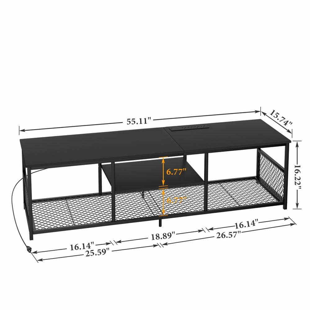 TV Stand with Power Outlets for Televisions up to 65", 55" Media Entertainment Center with 3-Tier Open Shelves Black