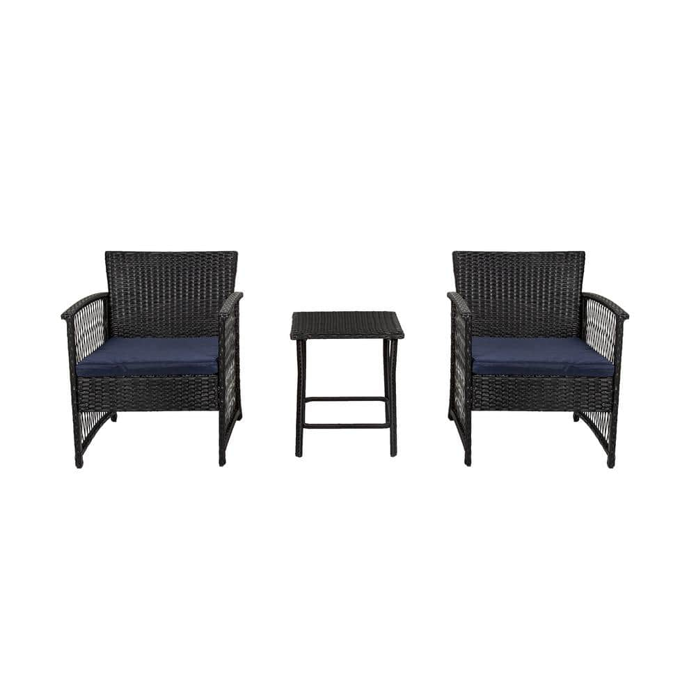 Costaelm Bistro Costa 3-Piece Patio Conversation Set Black PE Rattan Wicker, Black/Navy