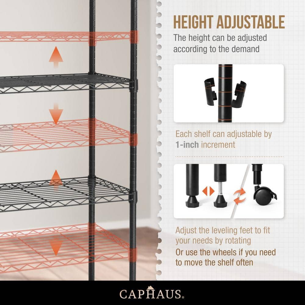 CAPHAUS NSF Adjustable Shelves Metal Wire Shelving Unit w/ Liners, Kitchen Storage Shelving, Metal Steel Storage Shelving, Garage Shelving Storage Organizer, Utility Shelf, 5-Tier W/ Wheels, Black