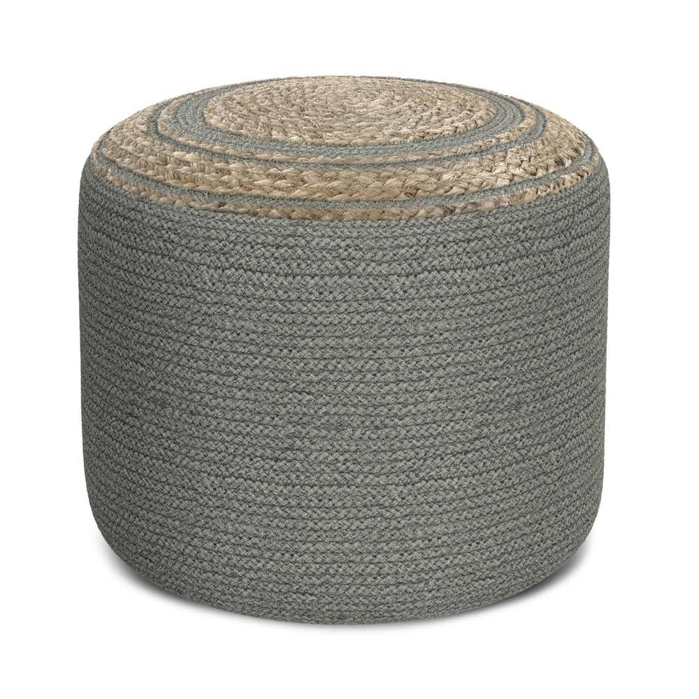 SIMPLIHOME Serena Contemporary Round Braided Pouf in Dove Grey Cotton for the Living Room, Bedroom and Kids Room