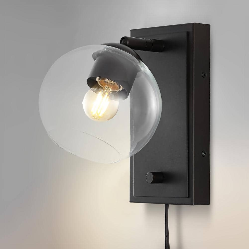 Hugo 6" 1-Light Minimalist Modern Plug-In or Hardwired Adjustable Iron LED Wall Sconce with Rotary Dimmer, Oil Rubbed Bronze with Clear Globe