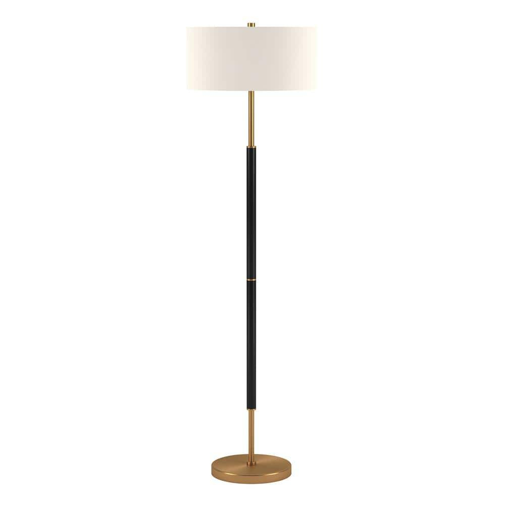 Evelyn&Zoe Simone 2-Light Floor Lamp with Fabric Shade, Matte Black/Brass/White
