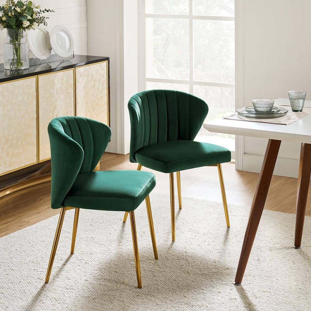 Home Kitchen Velvet Dining Chairs Set of 2 Upholstered Side Chairs Accent Channel Tufted Metal Legs Living Room Bedroom Green