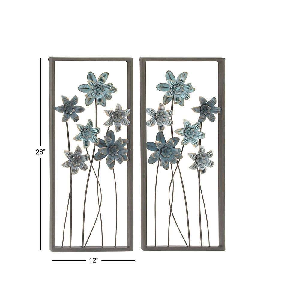 DecMode Gray Metal Floral Wall Decor with Black Frame (2 Count)