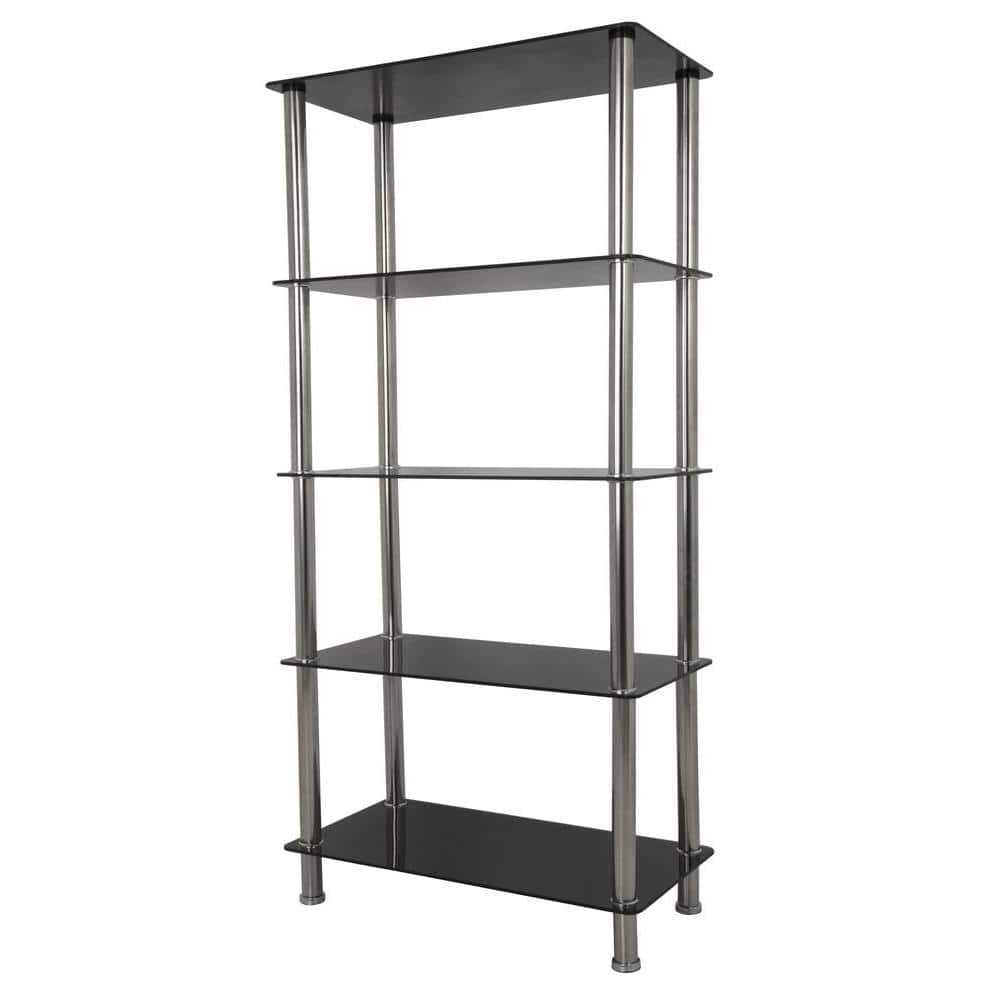 S25-A Tall Five Tier Shelving Unit with Black Glass and Chrome