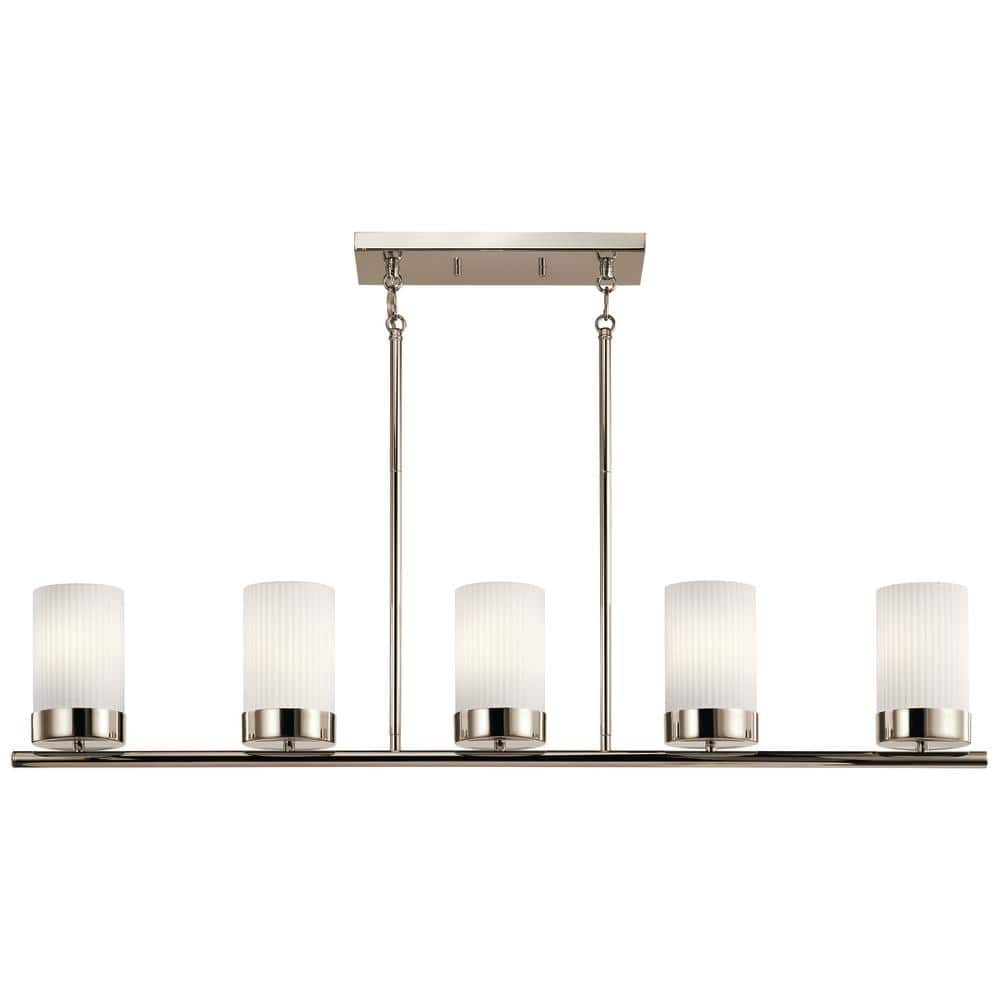 Polished Nickel and Brass 5-Light Linear Chandelier with Ribbed Glass Shades