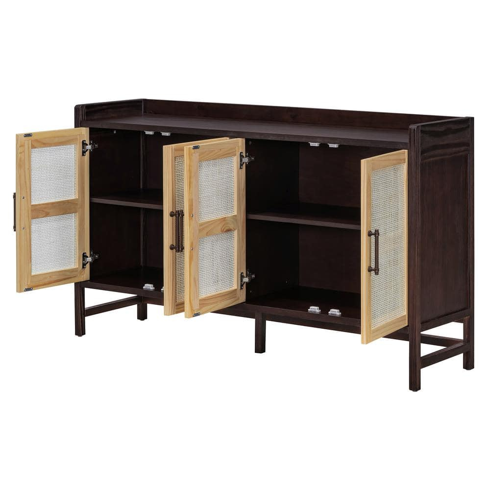 Natural Walnut Wood 60 in. Sideboard with Decorative Rattan Doors and Adjustable Shelves