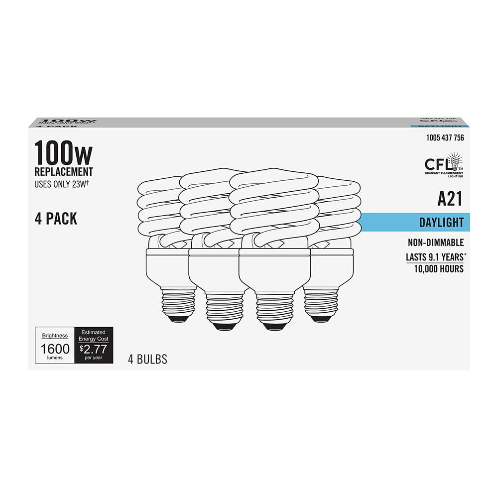 100-Watt Equivalent A21 Spiral Non-Dimmable E26 Base  EcoSmart Compact Fluorescent CFL Light Bulb, Daylight 5000K (4-Pack) ESL23T2/5K/4/ESM