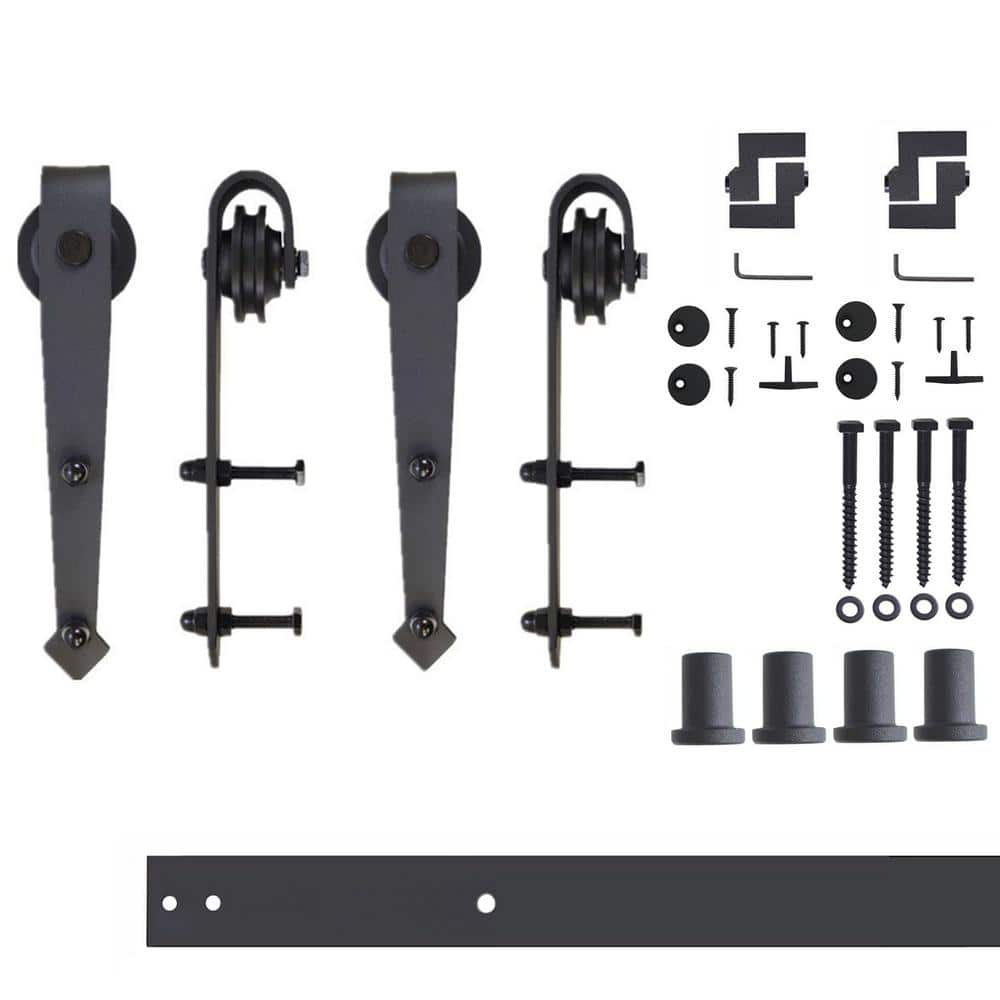 Homacer Black Rustic Sliding Barn Door Hardware Kit, for Two/Double Doors, 5.5ft Long Flat Track, Arrow Design Roller, Heavy Duty, for Interior & Exterior Use