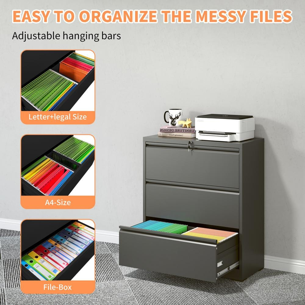 Black Metal 3-Drawer Lockable Lateral File Cabinet
