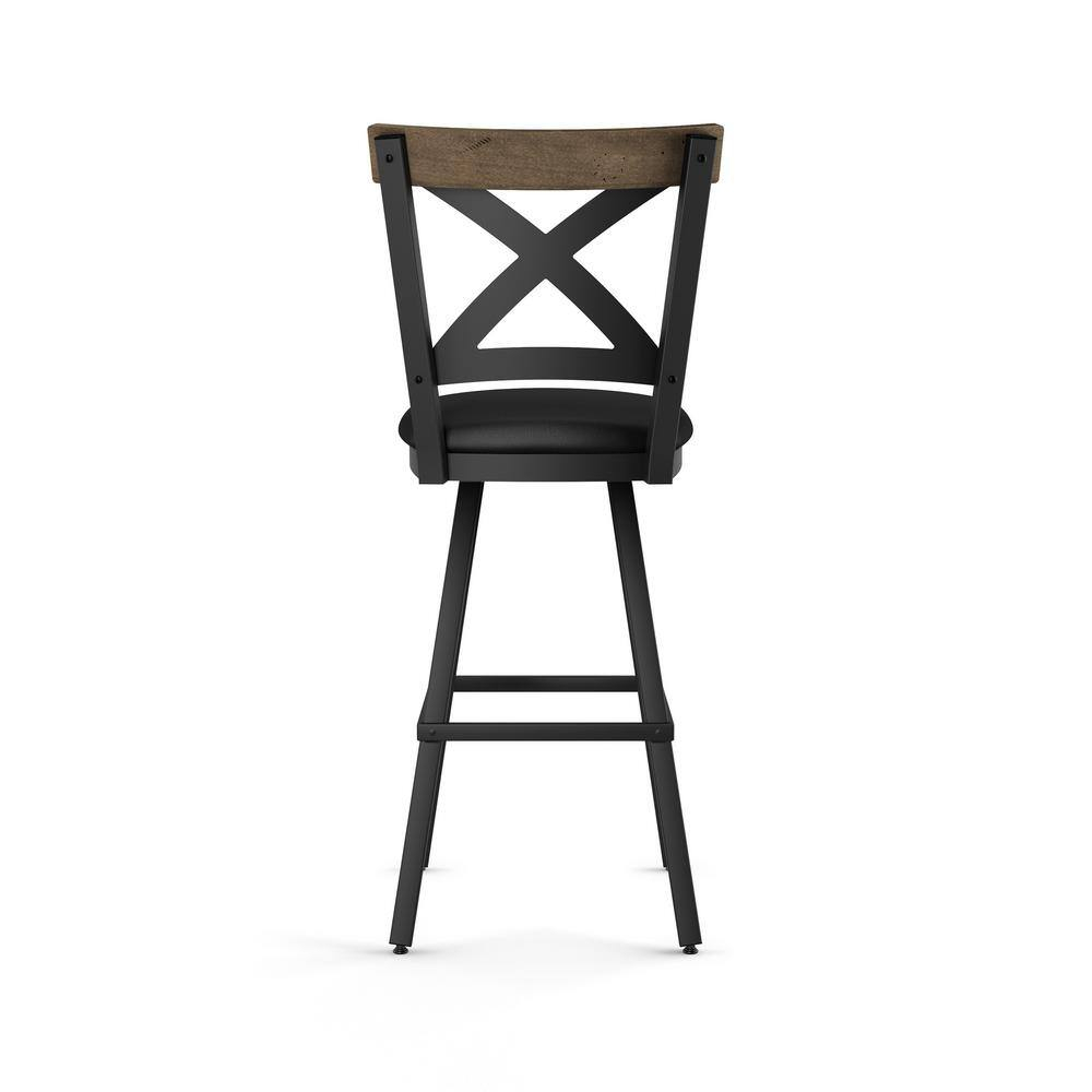 Snyder Industrial Swivel Bar Stool in Black Faux Leather and Beige Wood