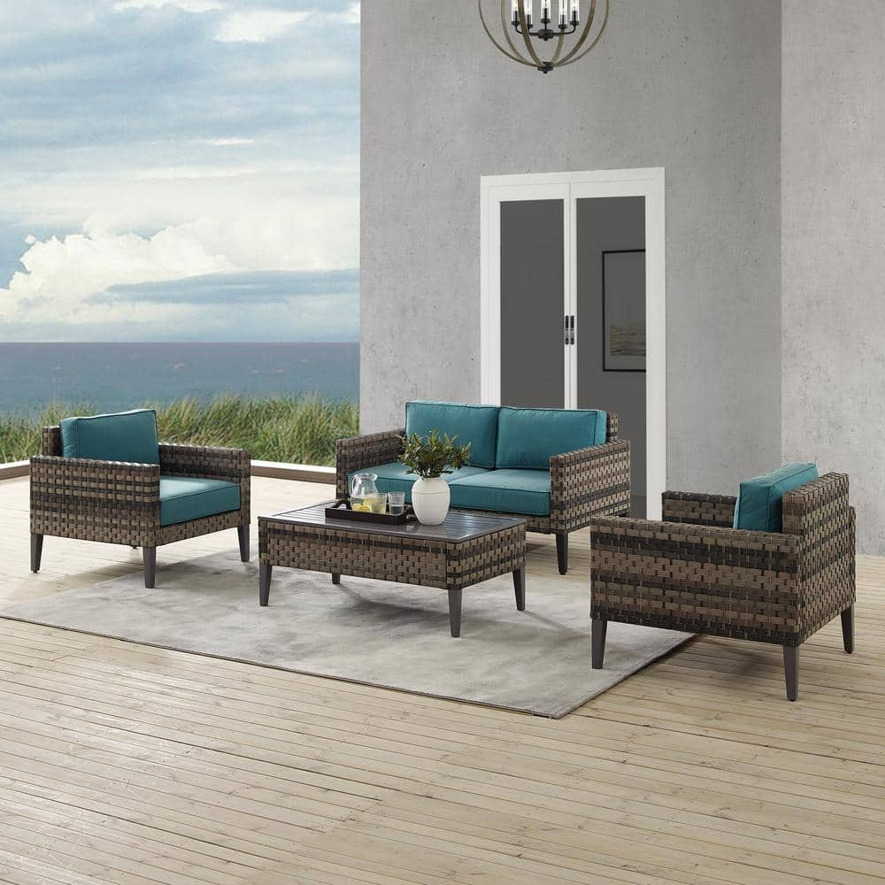 Crosley Furniture Prescott 4PC Wicker Conversation Set in Mineral Blue/Brown
