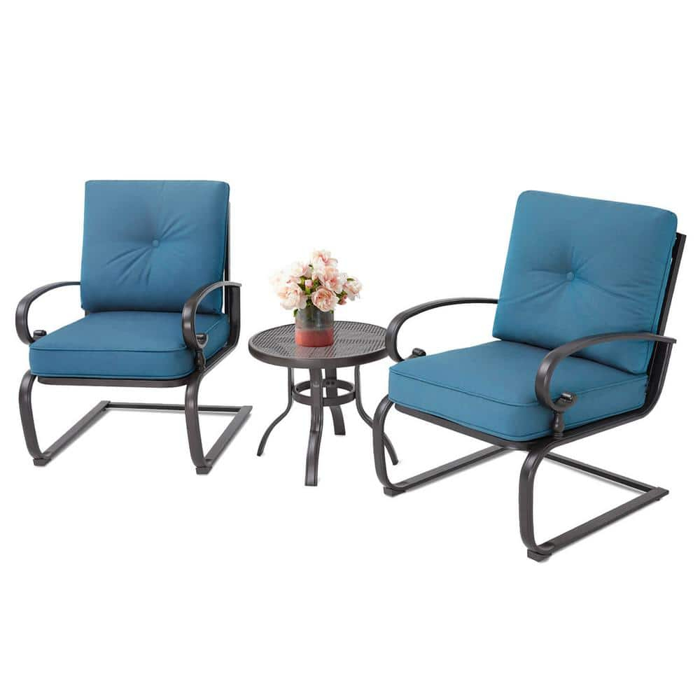 SUNCROWN 3-Piece Patio Furniture Outdoor Bistro Set Spring Metal Chairs and Round Bistro Table, Blue