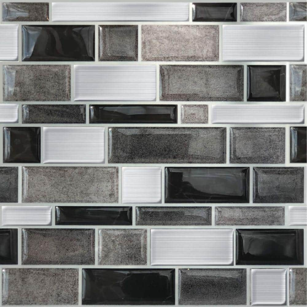 Main Street 10.5" x 10.5" Silver & Black Mosaic Vinyl Peel and Stick Tiles (4-Pack). Removable Tiles for Walls or Backsplash