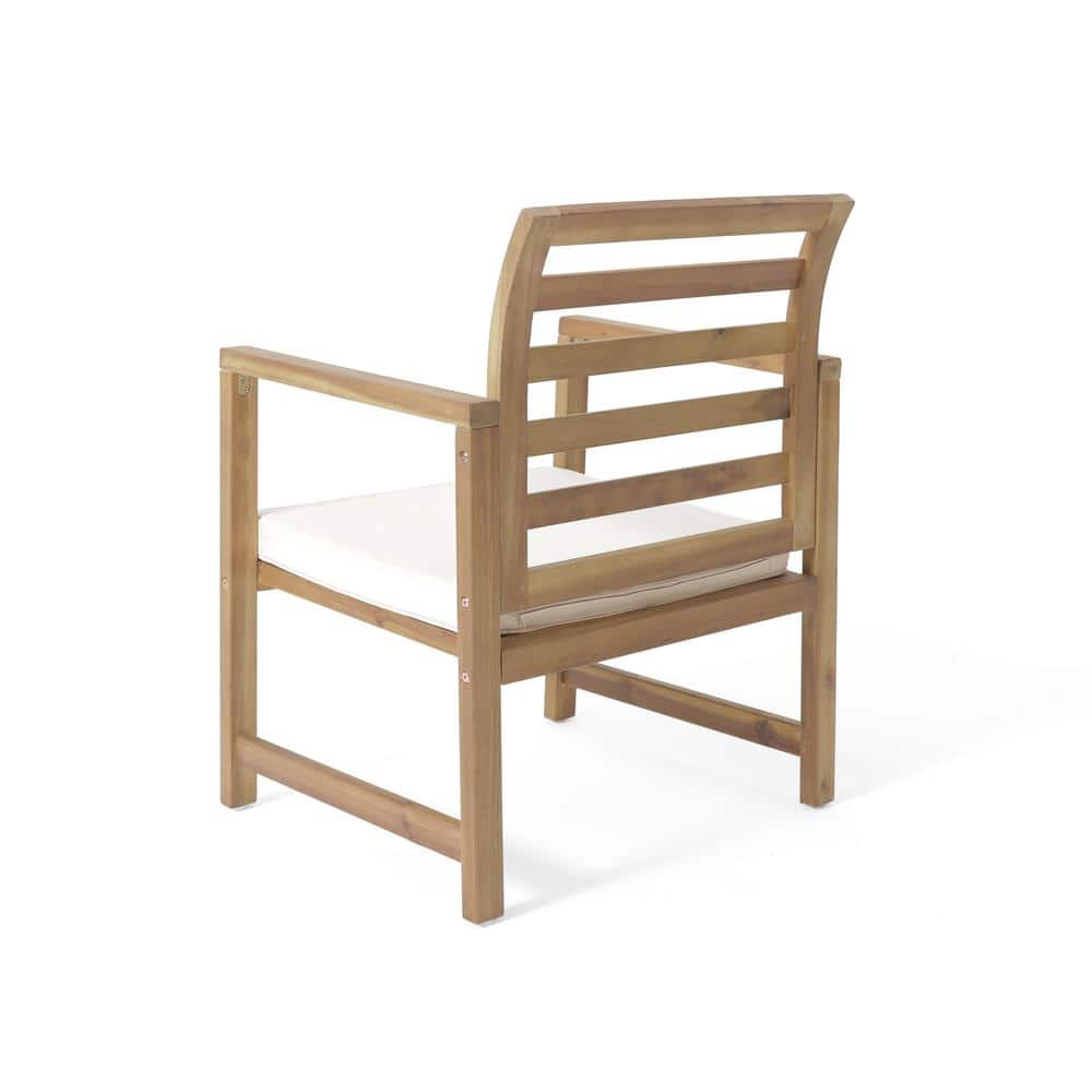 Natural Acacia Wood Lounge Chairs with White Cushions, Set of 2