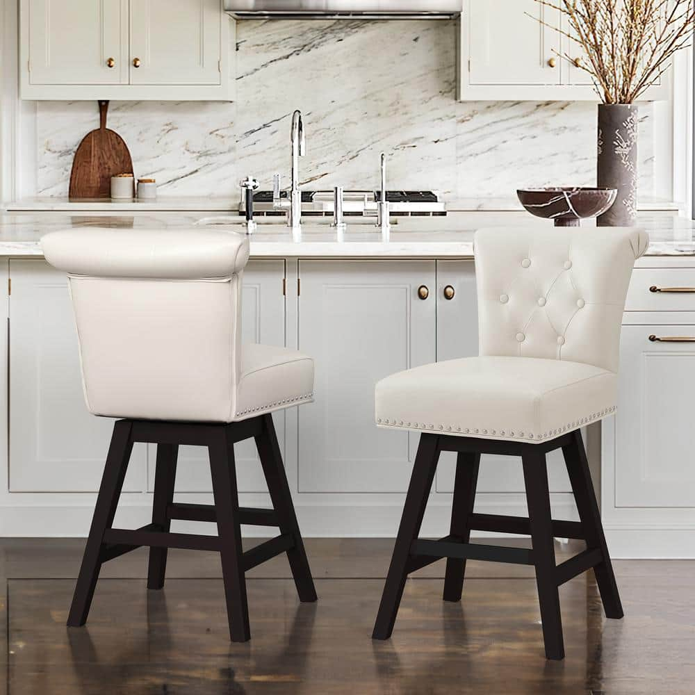 Dycanpo 26'' Swivel Bar Stools Set of 2, Upholstered Barstool with Footrest for Kitchen,White-Faux Leather