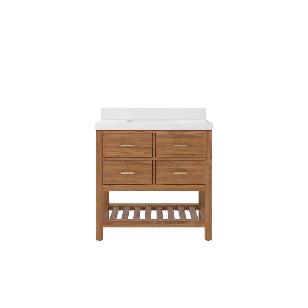 Parker Teak 36 in. W x 22 in. D x 36 in. H Single Sink Bath Vanity Center in Golden Teak with 2 in. White Qt. Top
