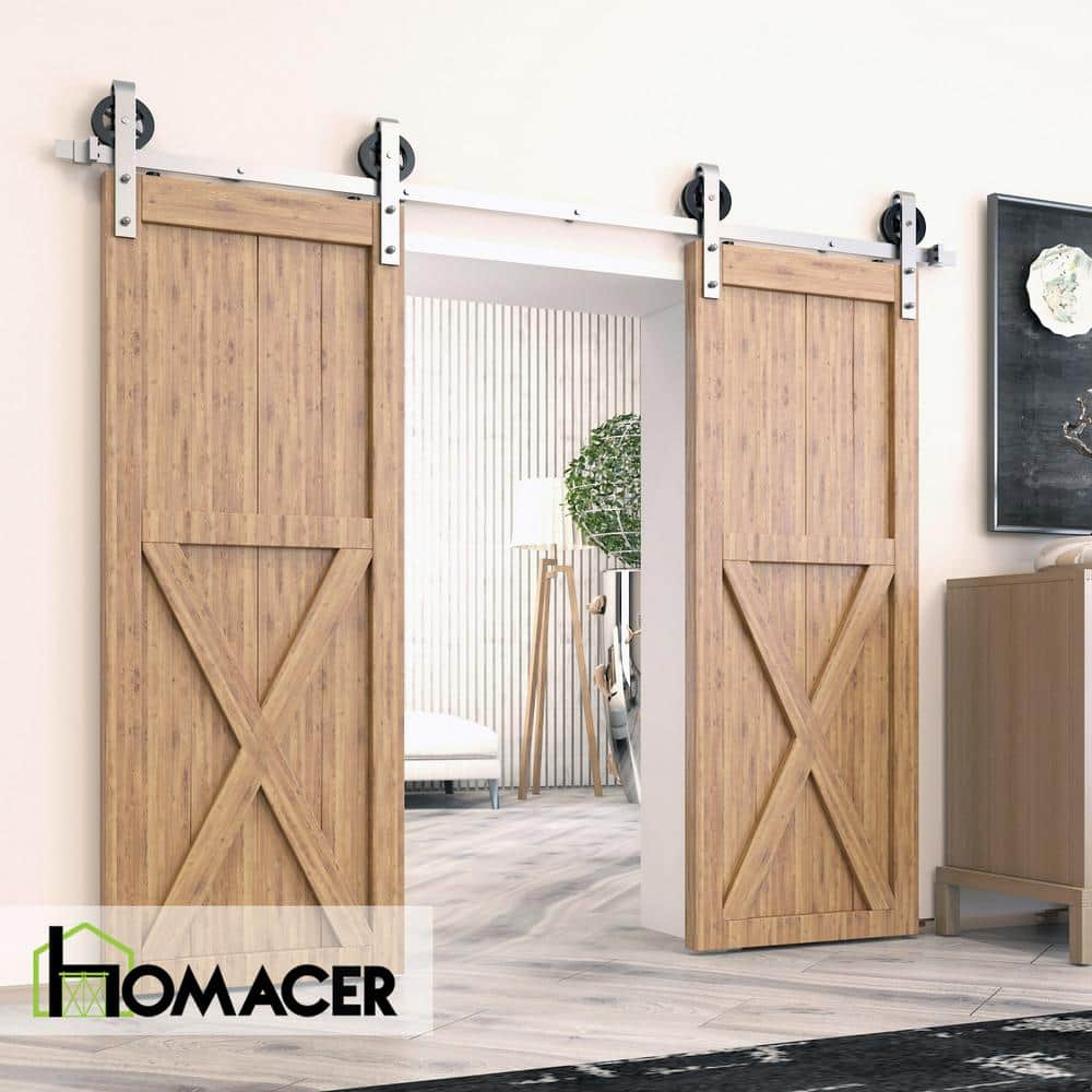 Homacer Brushed Nickel Sliding Barn Door Hardware Kit, for Two/Double Doors, 5ft Long Flat Track, Spoke Wheel Design Roller, Heavy Duty, for Interior & Exterior Use