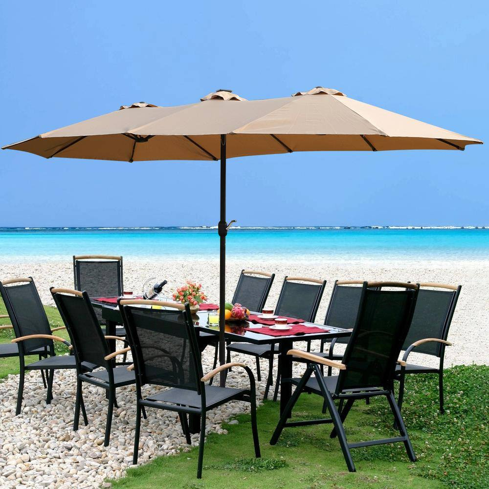 15 ft. Taupe Steel Double-Sided Market Patio Umbrella with Lights