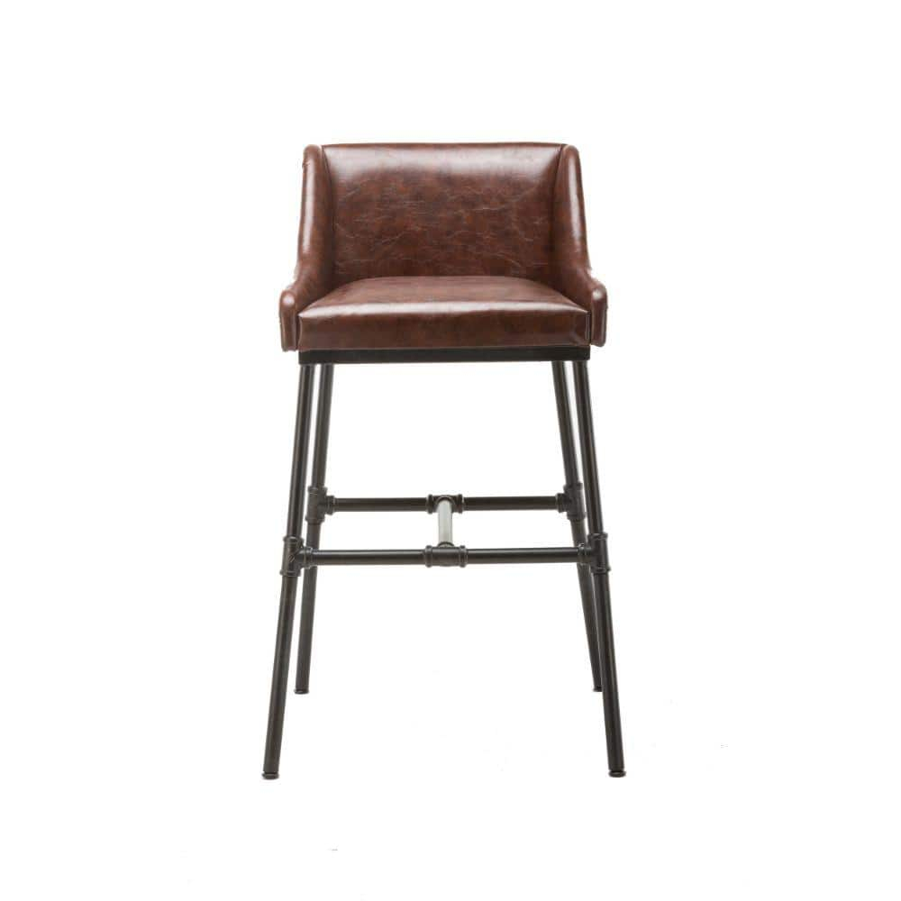 Leatherette Bar Stool with Riveted Metal Backing - Brown & Black