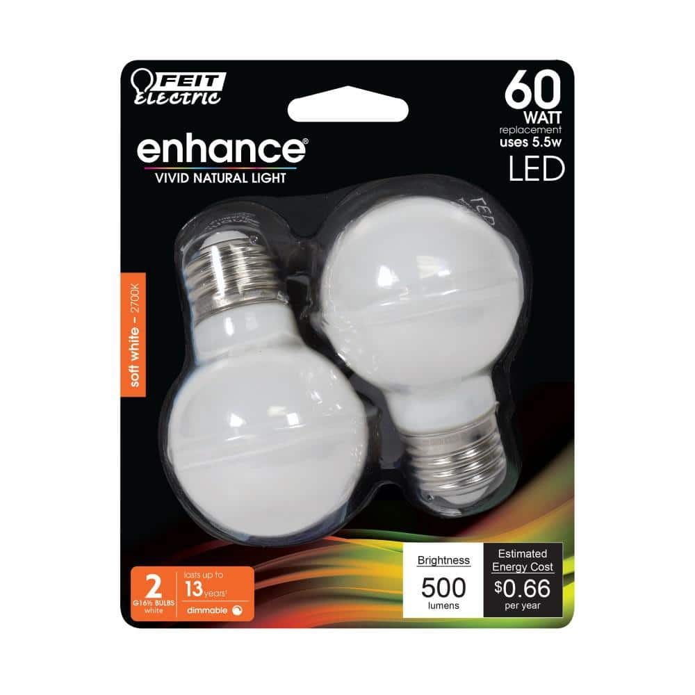 Feit Electric LED,5.5 W,G16-1/2,Medium Screw (E26),PK2 BPGM60W927CAFIL/2