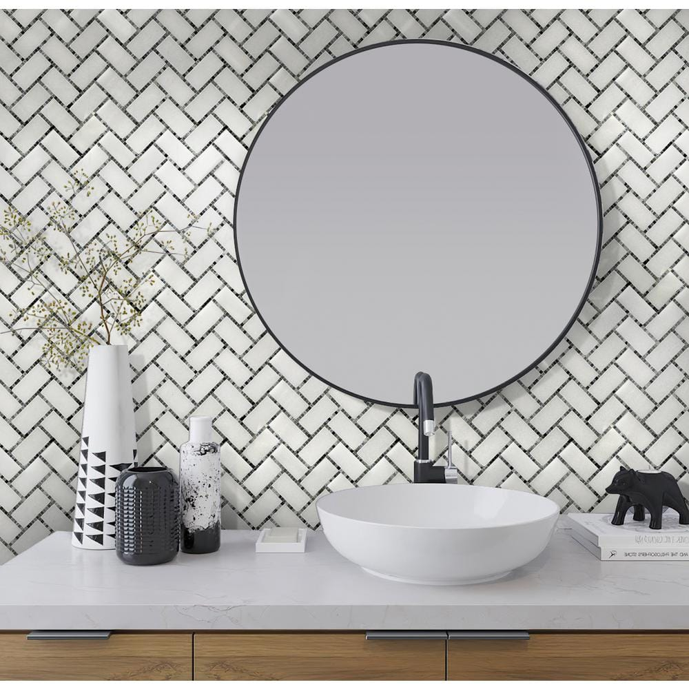 5 pack White and Gray 9.8 in. x 10.8 in. Polished Herringbone Marble Mosaic Floor and Wall Tile (3.68 sq. ft./Case)