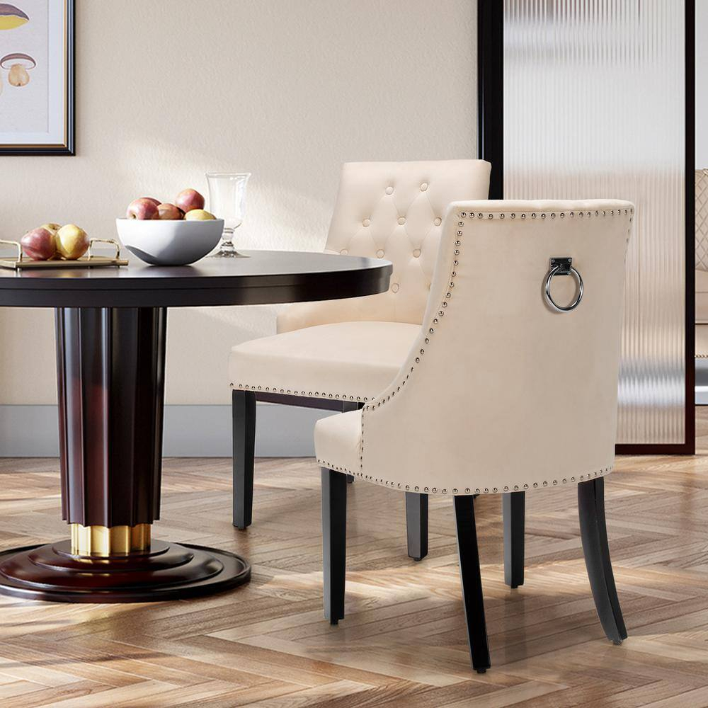 Velvet Dining Chair Upholstered Tufted Armless w/ Nailed Trim & Ring Pull Beige