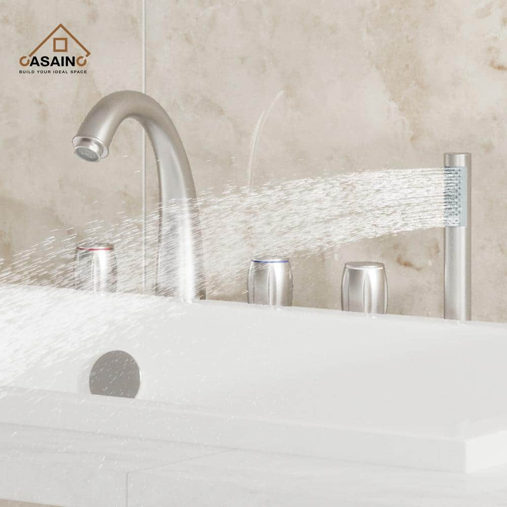 Brushed Nickel 3-Handle Deck Mount Roman Tub Faucet with Hand Shower