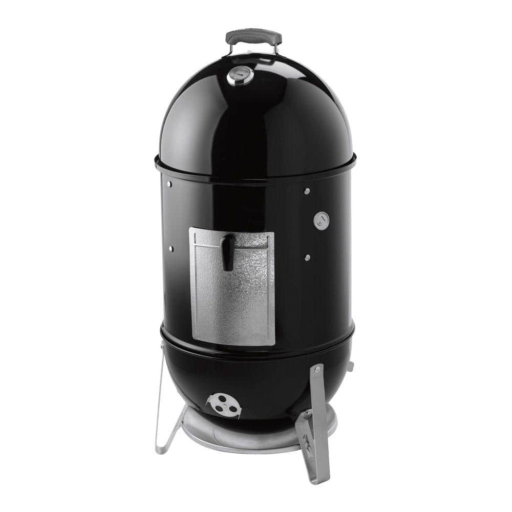Black Porcelain Charcoal Smoker with Steel Grates and Thermometer