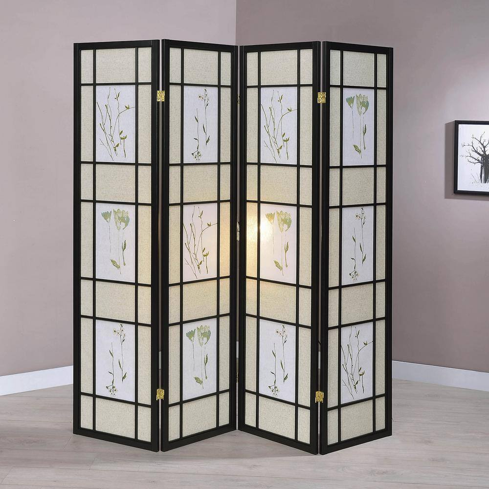 4-Panel Folding Screen with Floral Motif, Multicolor