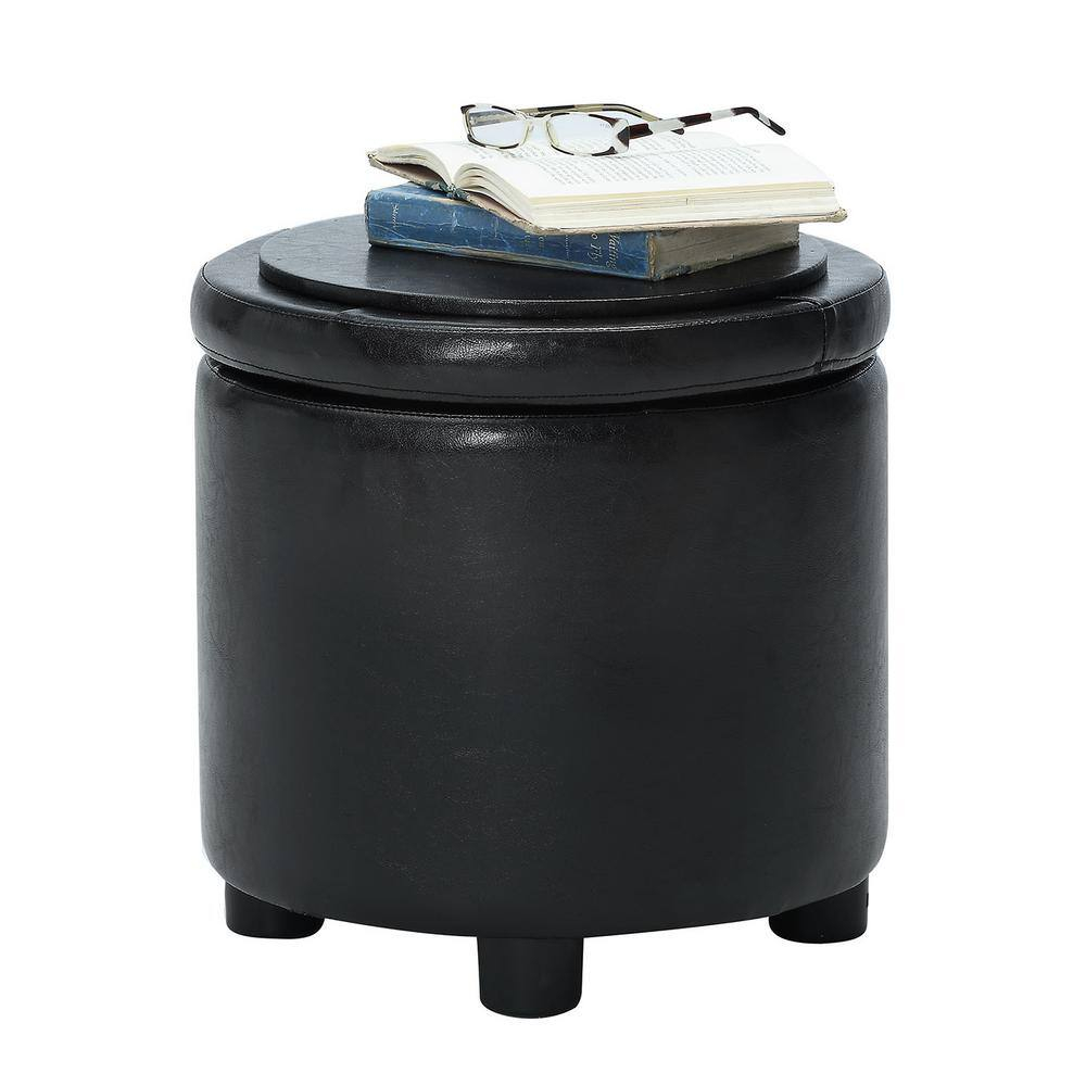 Convenience Concepts Designs4Comfort Round Accent Storage Ottoman with Reversible Tray Lid, Black Faux Leather