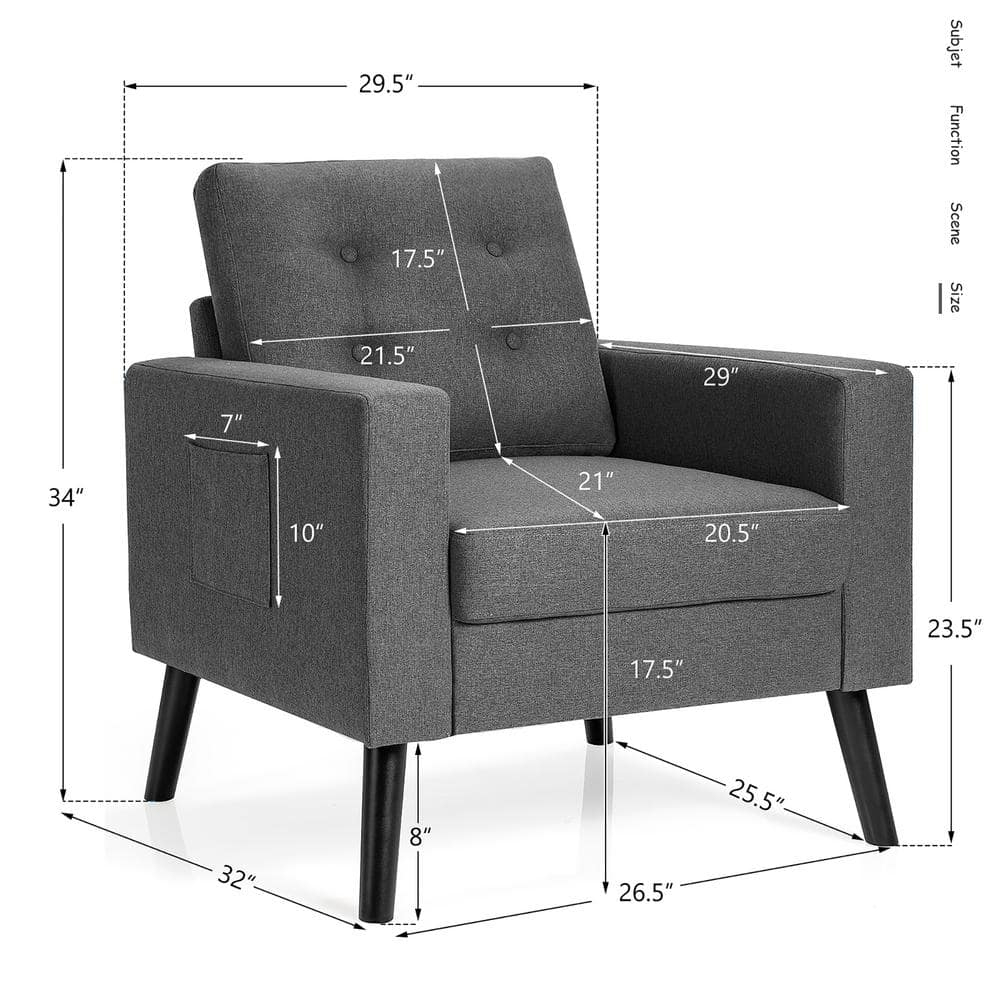 Modern Accent Armchair Upholstered Single Sofa Chair w/ 2-Side Pockets Grey