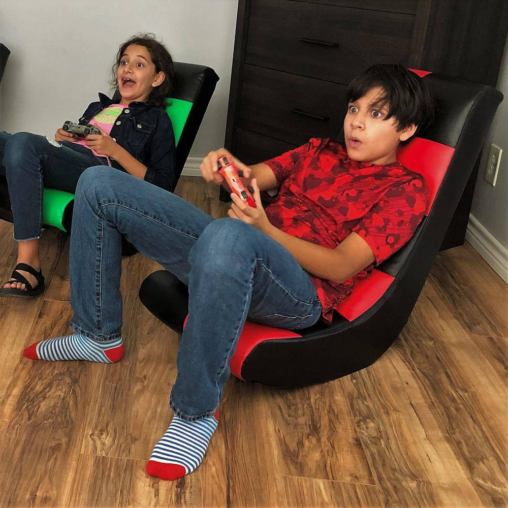The Crew Furniture Classic Video Rocker Floor Gaming Chair, Kids and Teens, PU Faux Leather & Polyester Mesh, Black/Green