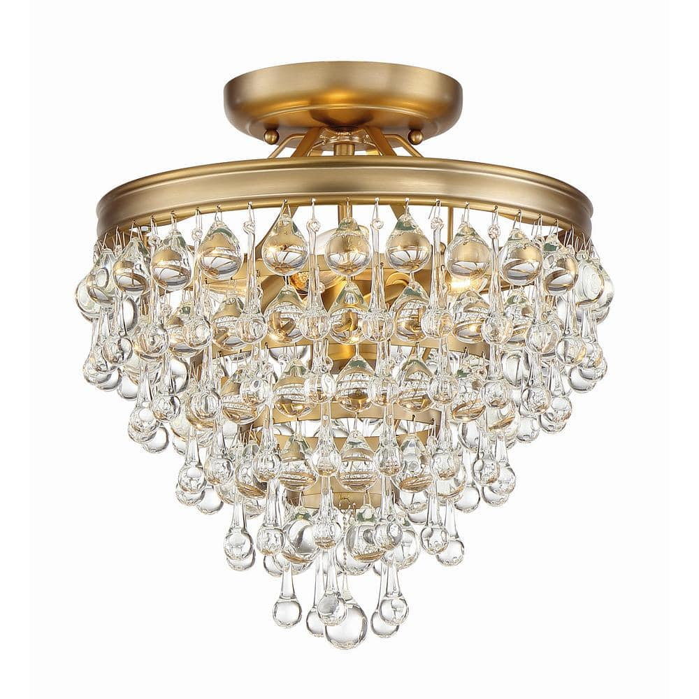 Vibrant Gold Crystal 3-Light Ceiling Mount with Clear Glass Drops