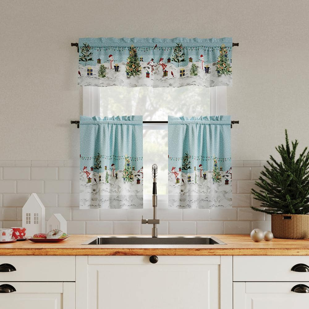 No. 918 Holiday Wonderland 1-Piece Semi-Sheer Rod Pocket Kitchen Curtains, 54"x14", Blue