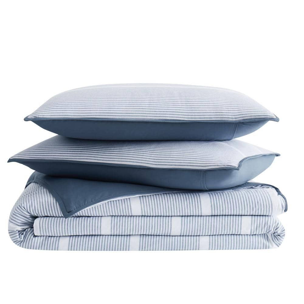 Brooklyn Loom - 3-Piece Full/Queen Comforter and Sham Set - Niari Yarn Dye Stripe Cotton Collection - Blue CS4175BLFQ-1500 Full/Queen Blue Comforter Set
