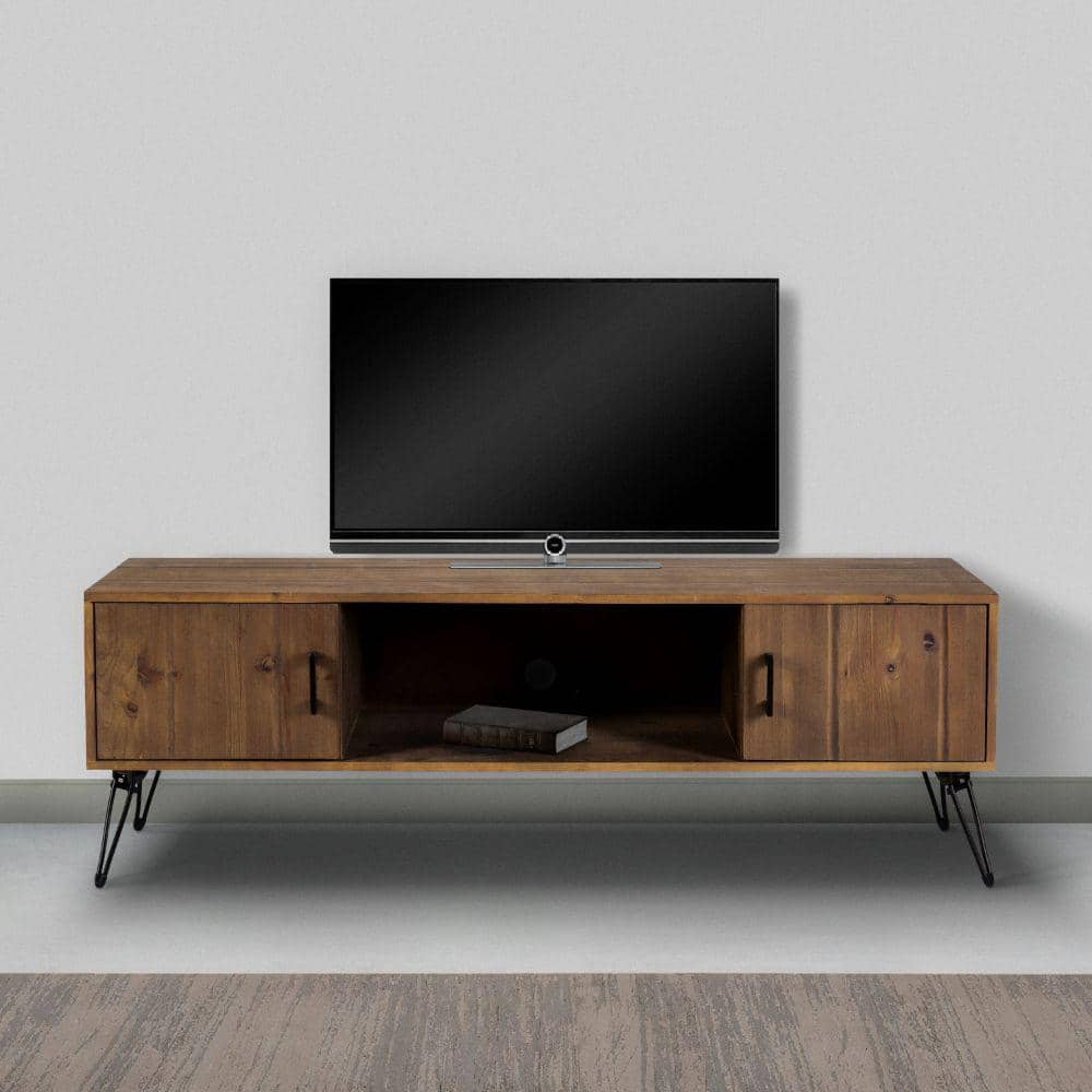 60 Inch Reclaimed Wood Rectangle Farmhouse Tv Stand Media Console, 2 Doors, Iron Legs, Natural Brown