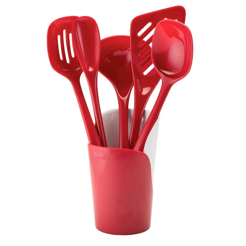 Hutzler 6-piece Melamine Cooking Utensils Set, Includes a 12-inch Long Slotted Spoon, Solid Spoon, Mixing Spoon, Slotted Turner, Soup Ladle, and Storage Crock - Red