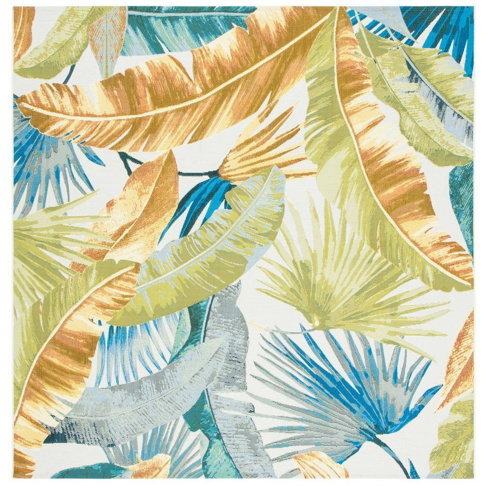 SAFAVIEH Barbados Banana Leaves Outdoor Area Rug, Gold/Green, 8' x 8' Square