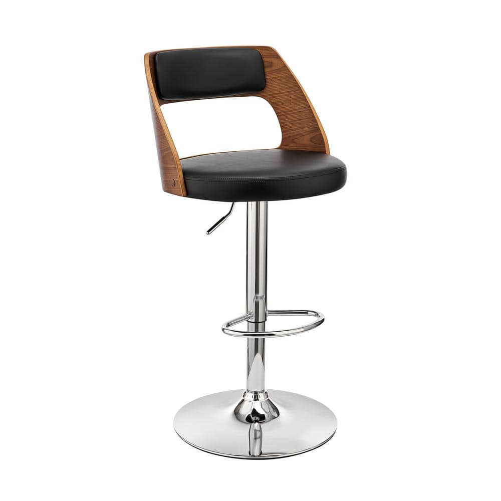 44 x 19 x 19 in. Paulo Adjustable Swivel Faux Leather & Walnut Wood Bar Stool with Base, Black & Chrome
