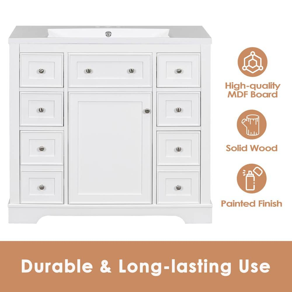35.6 in. W x 17.9 in. D x 33.4 in. H Bath Vanity Cabinet without Top in White, Vanity Base with 1 Door and 6 Drawers