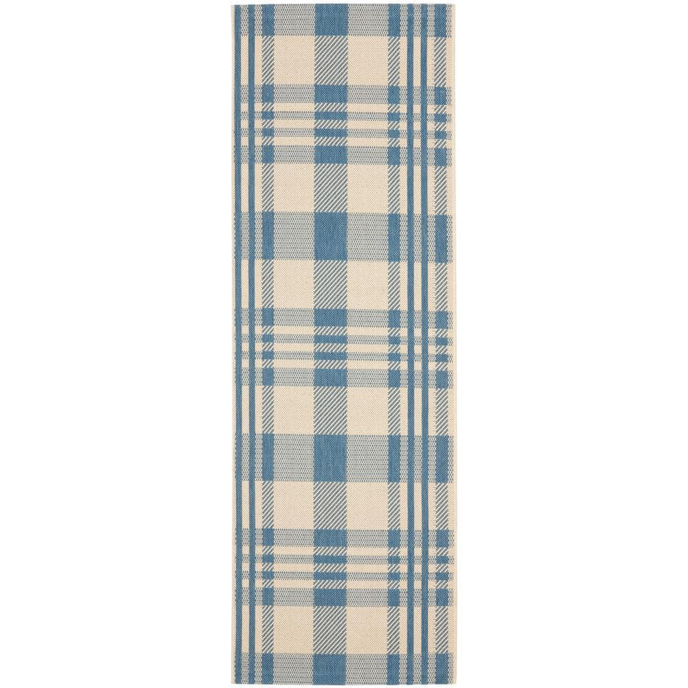 SAFAVIEH Courtyard Benjamin Plaid Indoor/Outdoor Runner Rug, 2'3" x 6'7", Beige/Blue