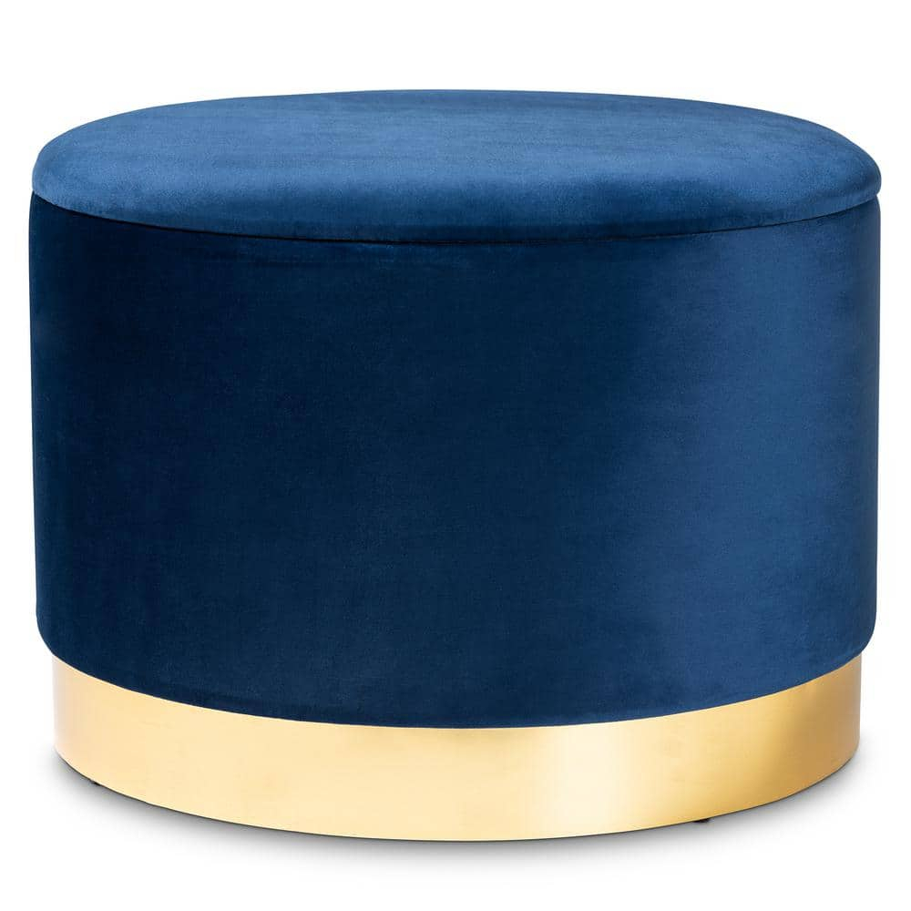 Marisa Navy Blue Velvet and Gold Storage Ottoman