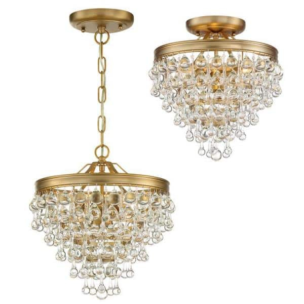 Vibrant Gold Crystal 3-Light Ceiling Mount with Clear Glass Drops